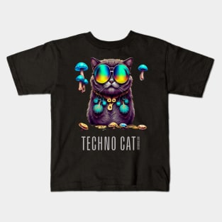Techno Shirt - Techno Cat - Catsondrugs.com - rave, edm, festival, techno, trippy, music, 90s rave, psychedelic, party, trance, rave music, rave krispies, rave flyer Kids T-Shirt